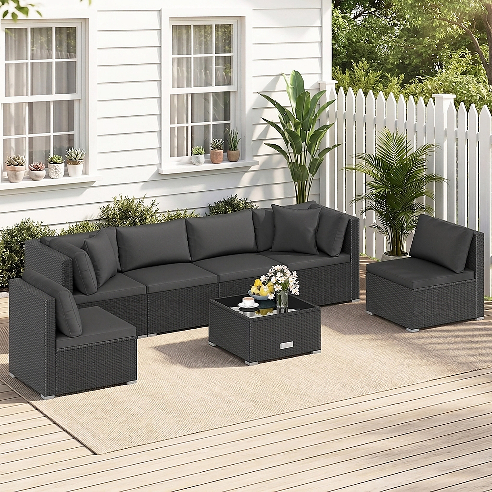 SUGIFT Tempered Glass Top Table and Cushions 7-Piece Outdoor Wicker Sectional Sofa Set
