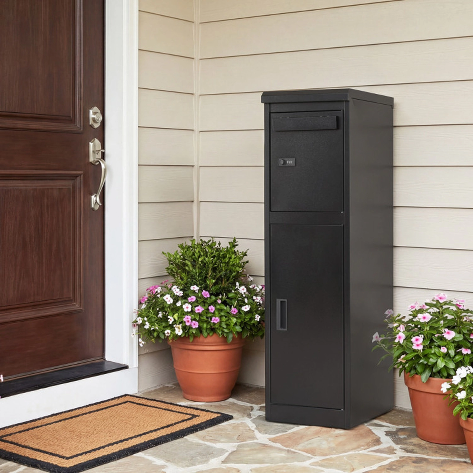 SUGIFT 2-Compartment Coded Lock Galvanized Steel Outdoor Package Delivery Box 13-in x 17-in x 44-in 110-lb Black