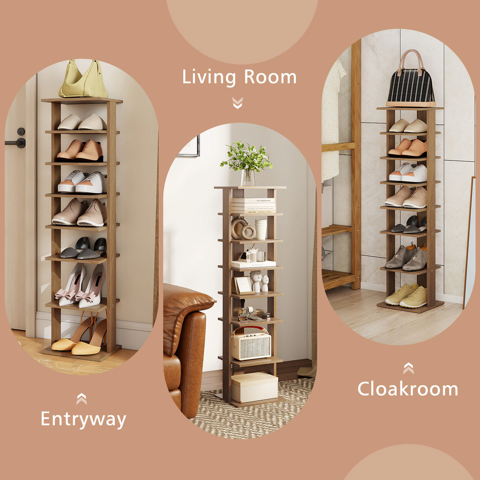 SUGIFT 7-Tier Natural 11-in Wide Space-Saving Skinny Wood Shoe Rack Tower for Front Door and Apartment