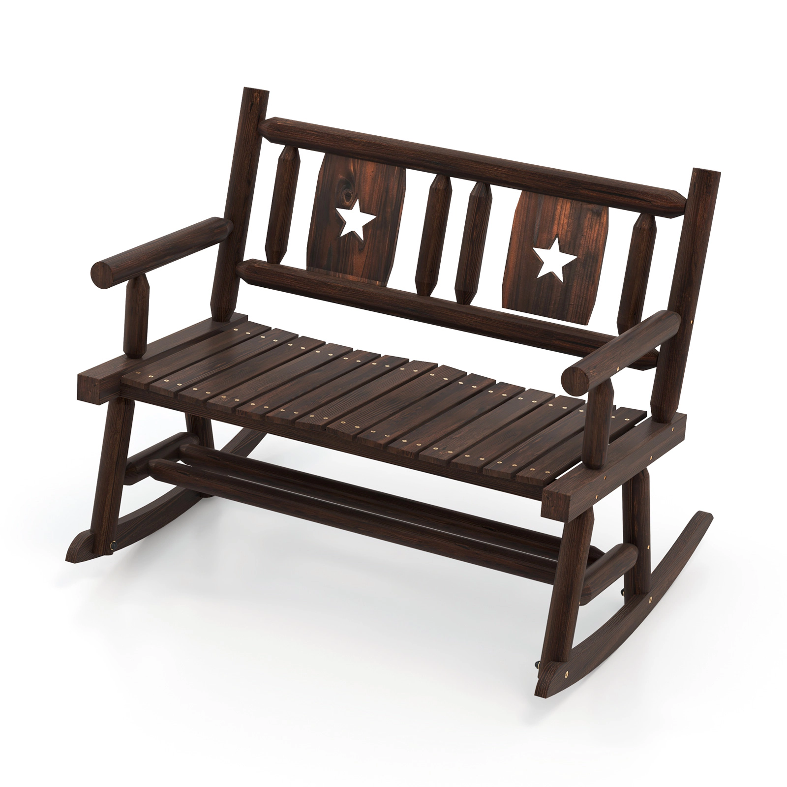 SUGIFT Outdoor Carbonized Wood Patio Rocking Bench Double Rocker Loveseat 710-lb Capacity Rustic Brown