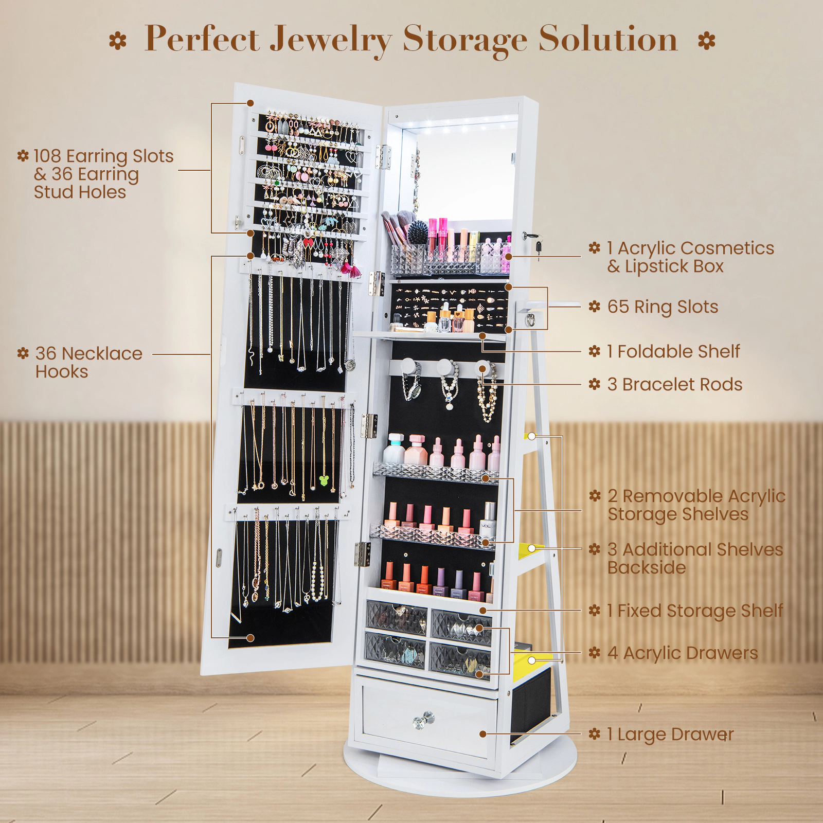SUGIFT Lockable 360° Swivel Jewelry Cabinet with Full-Length Mirror LED Lights and Makeup Shelf White