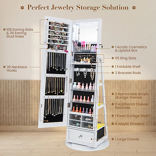 SUGIFT Lockable 360° Swivel Jewelry Cabinet with Full-Length Mirror LED Lights and Makeup Shelf White