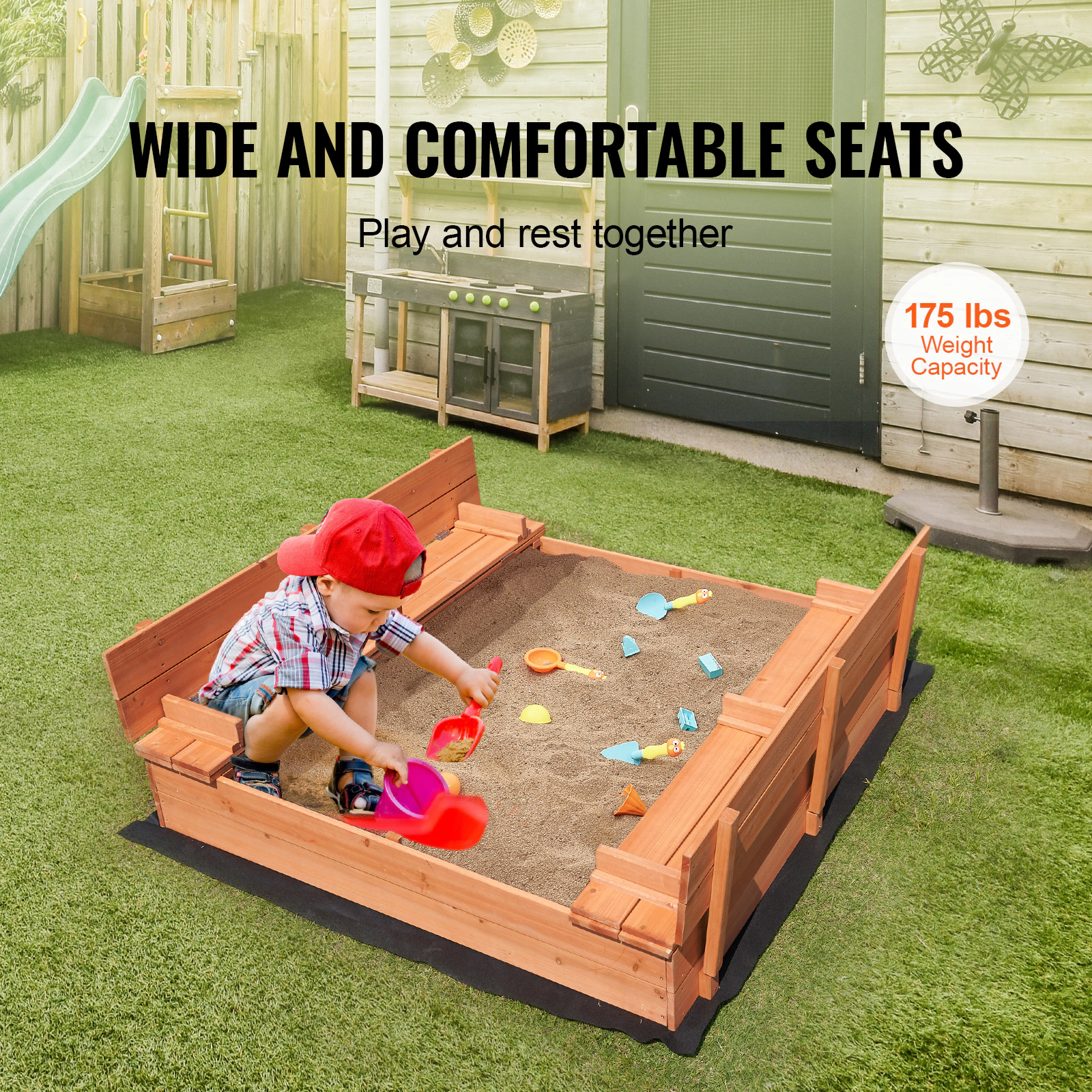 HONGGE Sandbox with Sand Pit and Bottom Liner for Outdoor Backyard Beach Park, Gift for Ages 3-12