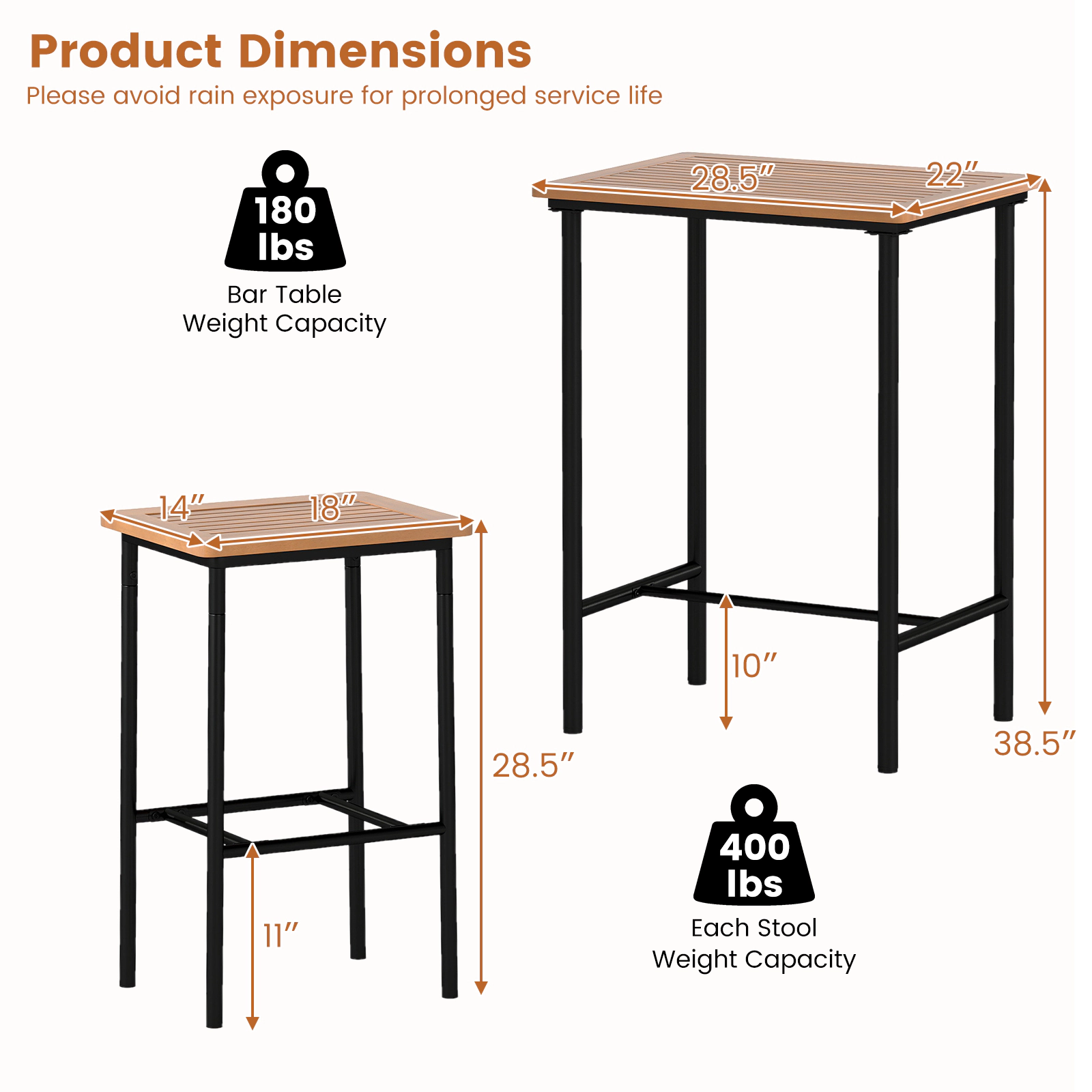 SUGIFT 3 Piece Acacia Wood Patio Bar Set Natural with Rectangular Table and 2 Stools