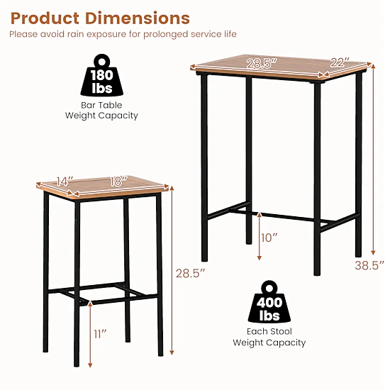 SUGIFT 3 Piece Acacia Wood Patio Bar Set Natural with Rectangular Table ...