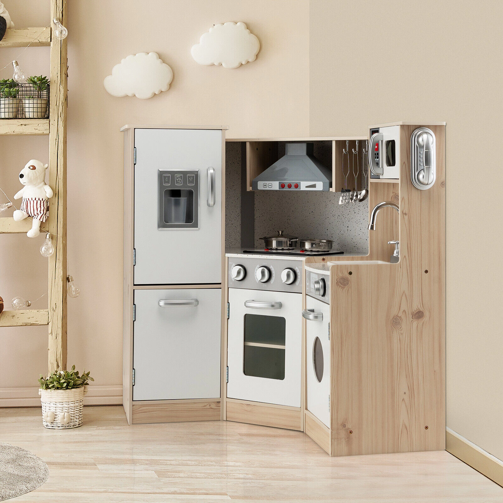 SUGIFT White and Natural Cookware Range Hood and Oven Kids Corner Wooden Kitchen Playset