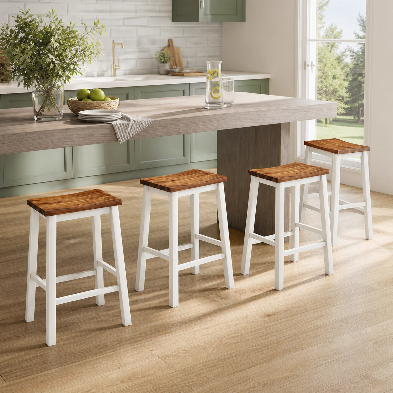 SUGIFT Set of 4 24.5-In Solid Acacia Wood Saddle Bar Stools, 350-Lb Capacity