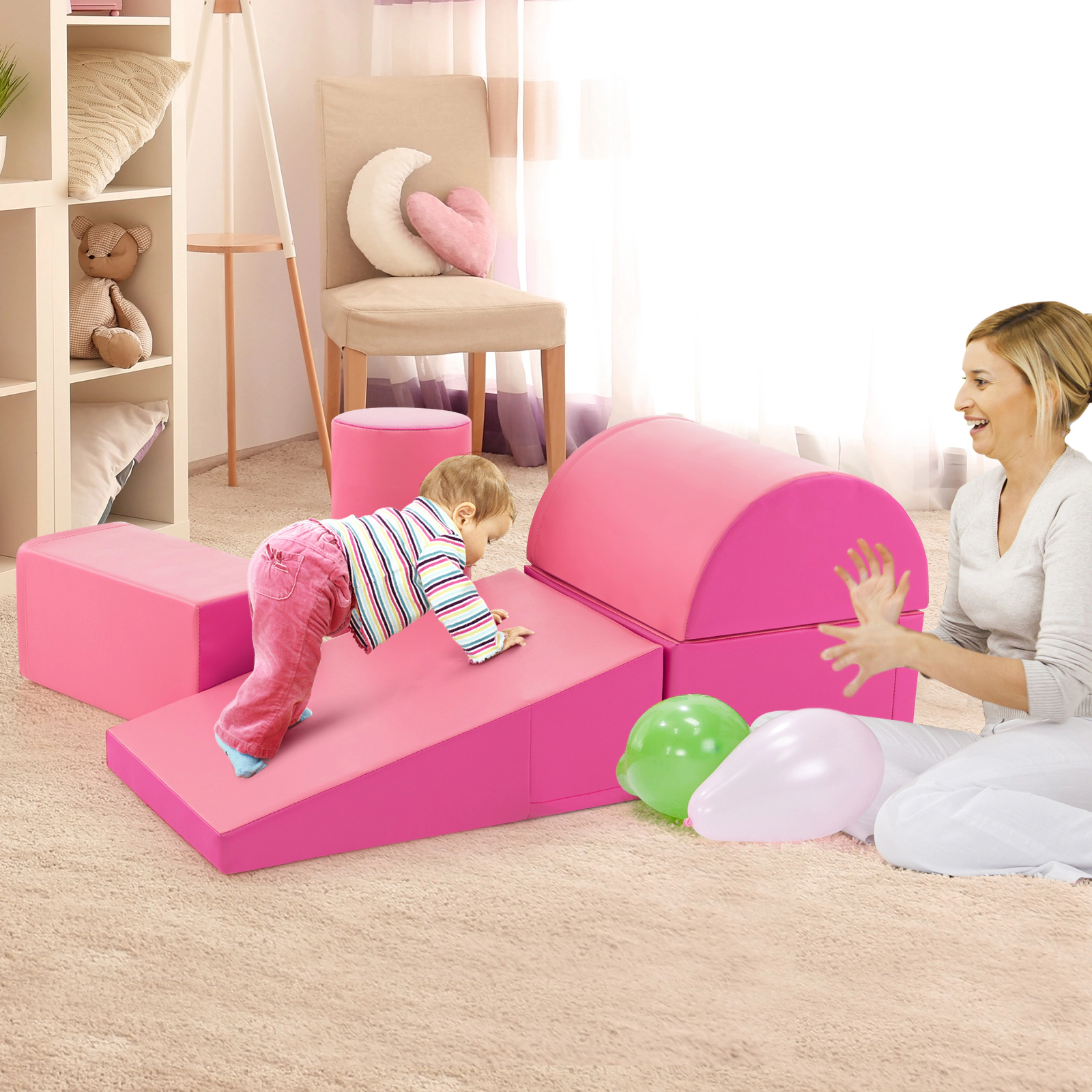 5-Piece Kids Climb and Crawl Activity Playset Foam Blocks Soft Play Set Removable Zippered PU Covers Pink