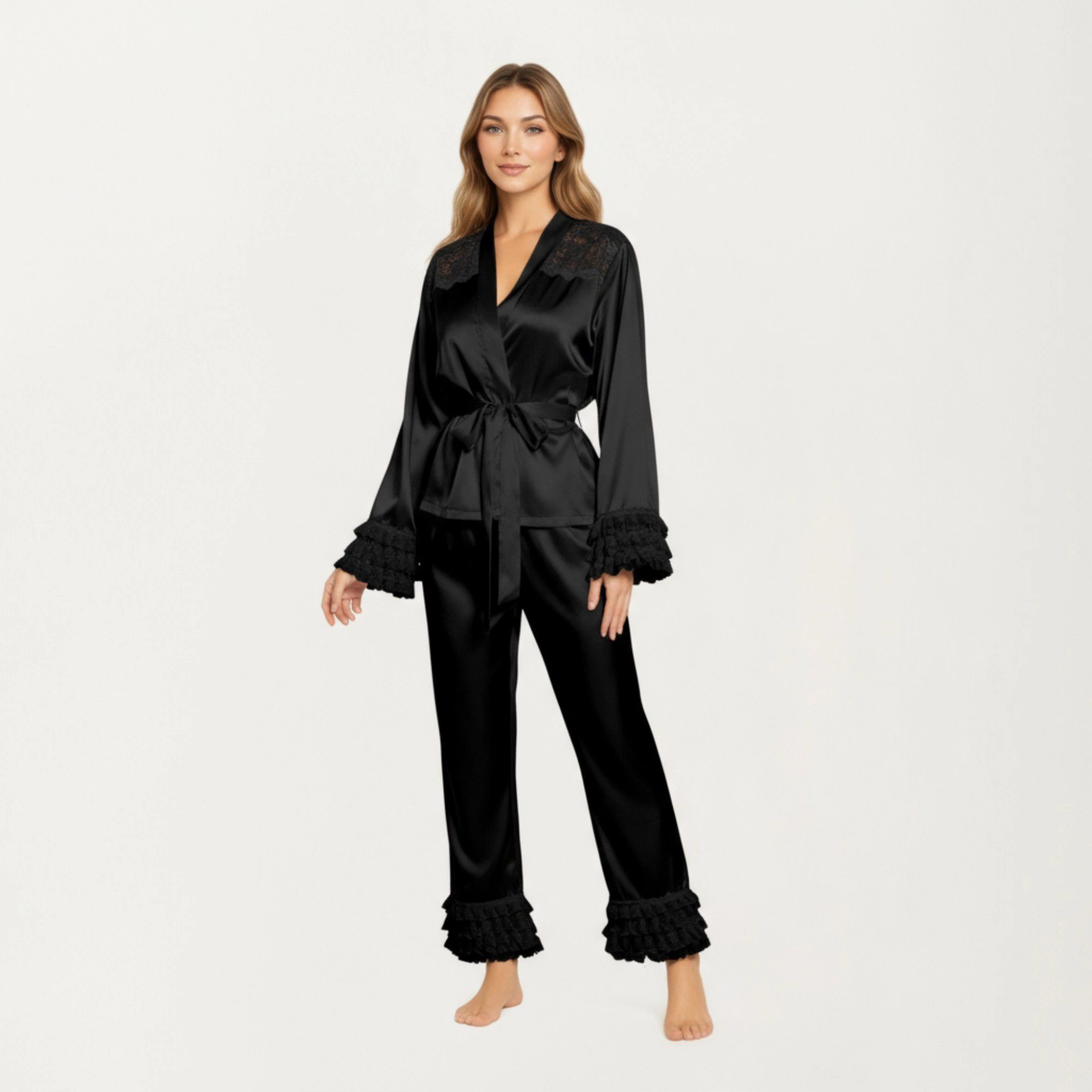 Anna-Kaci Women's 2-Piece Satin Lace Shoulder Long Sleeve Top with Ruffle Cuff Pants