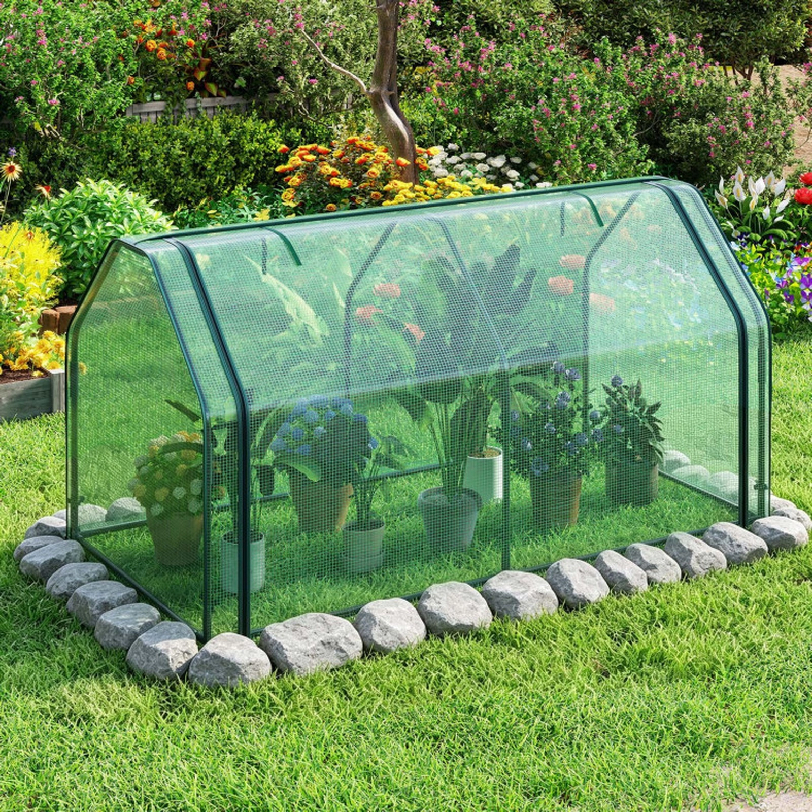 SUGIFT Green Portable Mini Greenhouse with PE Cover and Zippered Roll-Up Door 71-in W 36-in D 36-in H