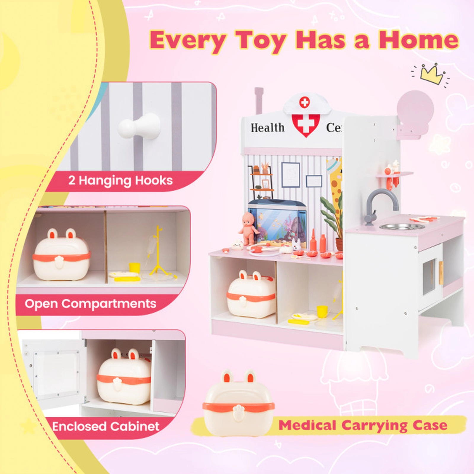 SUGIFT Kids Doctor Play Set with Adjustable Height Bar Medical Station Ages 3-6 with 27 Accessories Pink and White