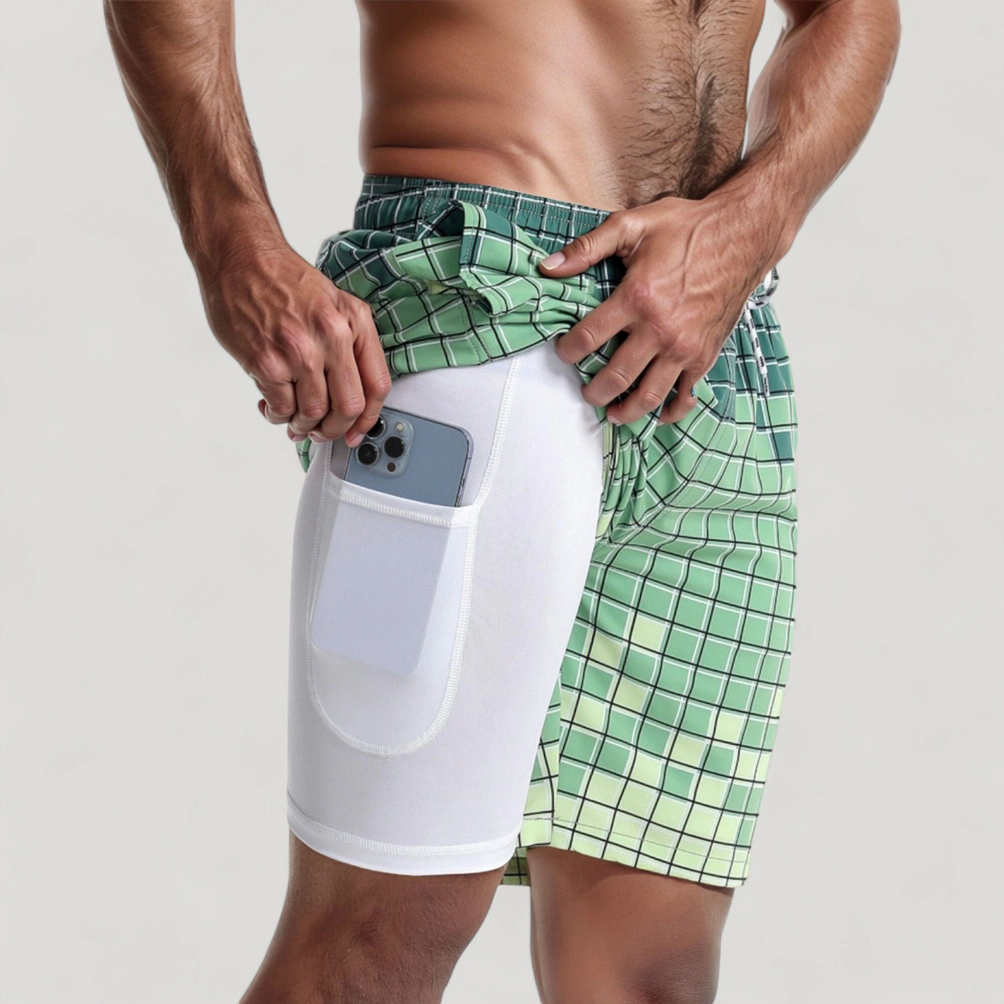 Anna-Kaci Men's Gradient Checkered Swim Trunks with Adjustable Drawstring Waistband and Quick-Dry Lightweight Fabric