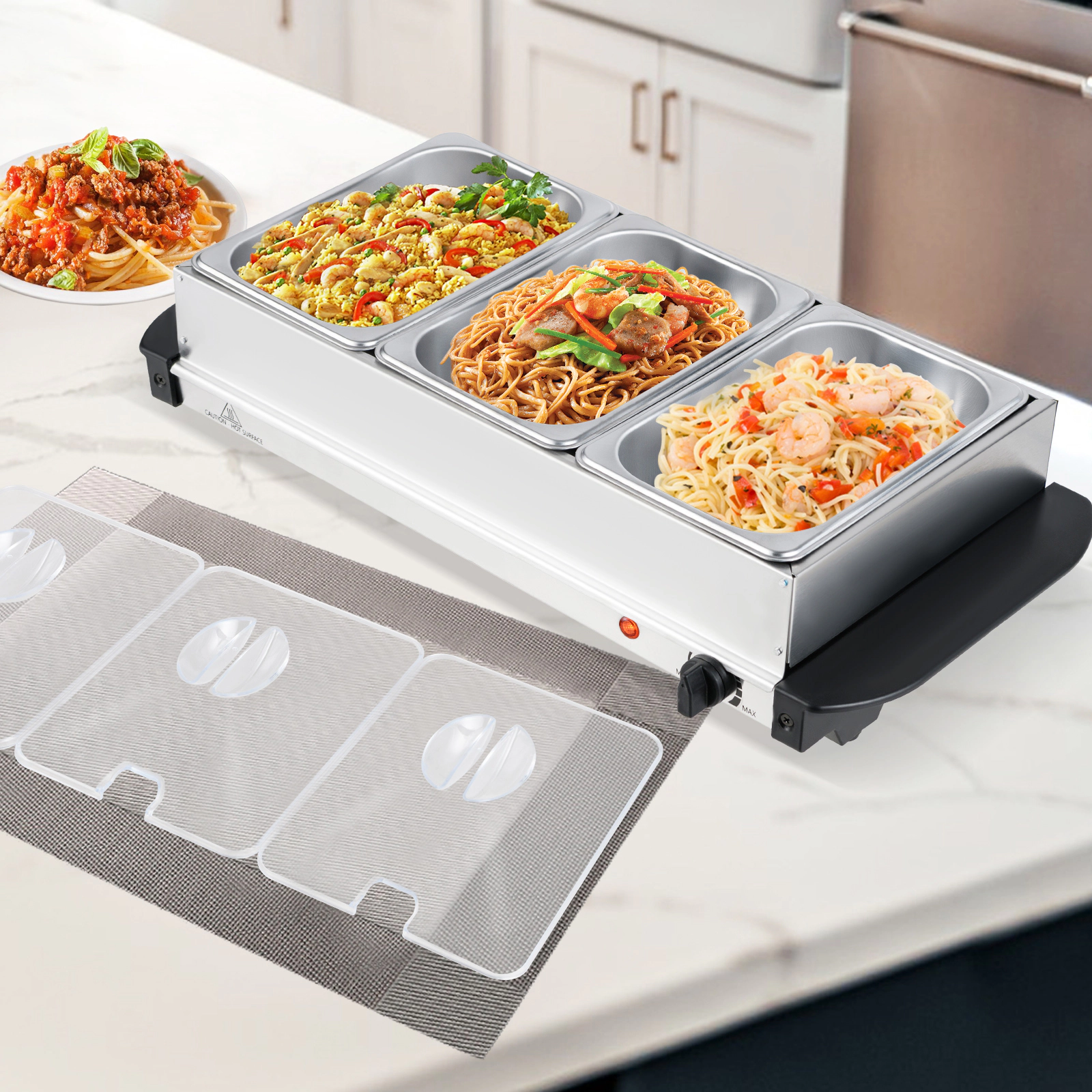 SUGIFT Electric Buffet Server Food Warmer 3 Removable Trays 104-176 F Thermostat 21 x 10 x 6-in Silver and Black