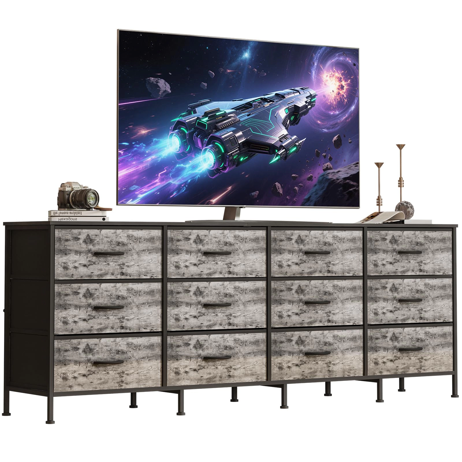 70.8" 12 Drawer Fabric Dresser TV Stand for Up to 80" with Wood Top