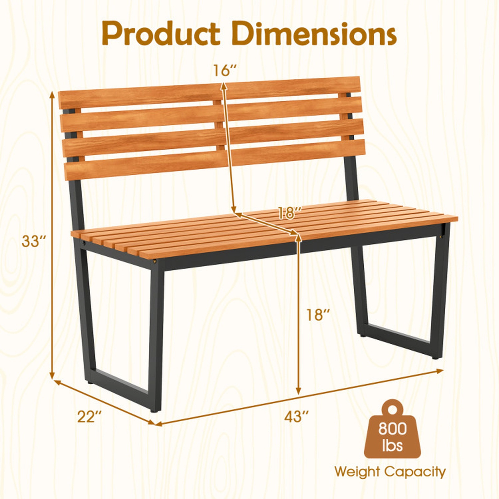 SUGIFT Backrest and Heavy Duty Metal Frame 43 Inch Outdoor Acacia Wood Patio Loveseat Bench