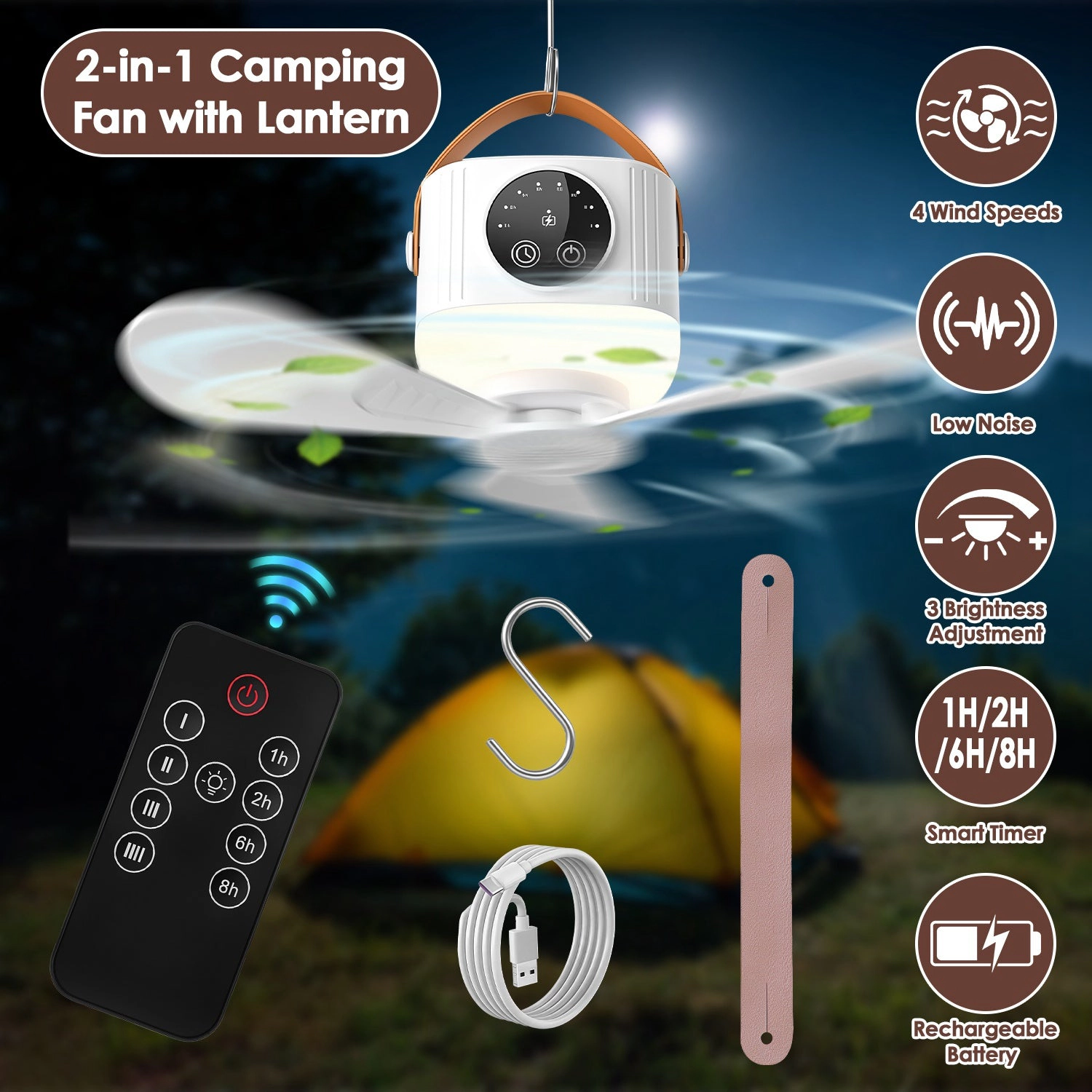 GBruno 2-in-1 Rechargeable Tent Ceiling Fan With Light