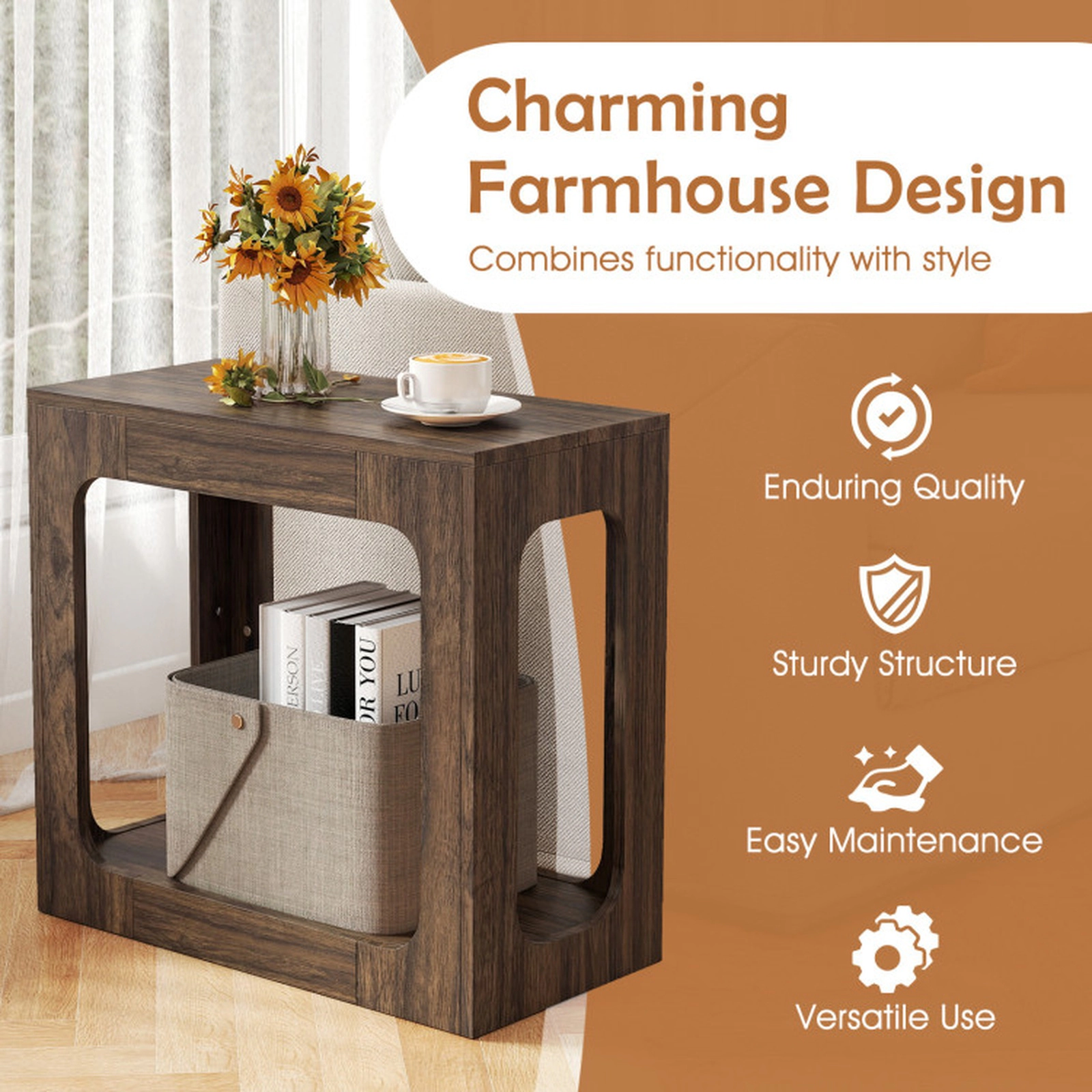 SUGIFT 23.5-Inch Narrow 2-Tier End Table with Open Shelf, Walnut Finish
