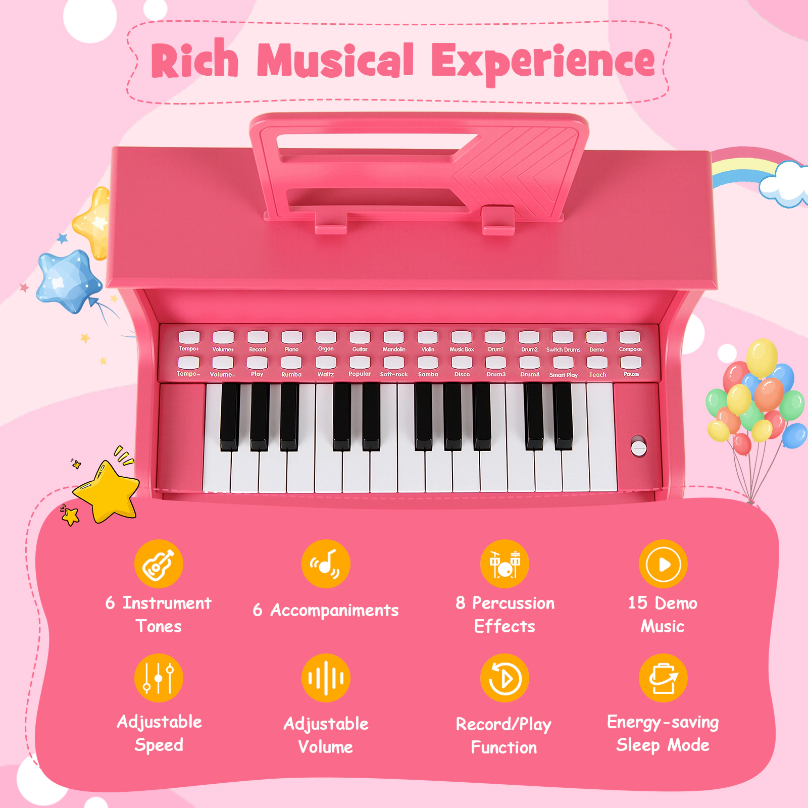 SUGIFT 25-Key Kids Piano Keyboard with Record and Playback Mini Digital Piano with Stool 15-in Wide 3+ Years Pink