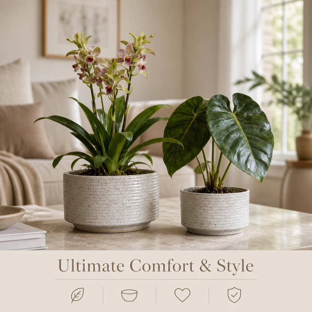 WOW PIONEER Round Ceramic Planter Pot for Flowers Herbs Succulents Small Plants Patio Balcony Indoor Outdoor