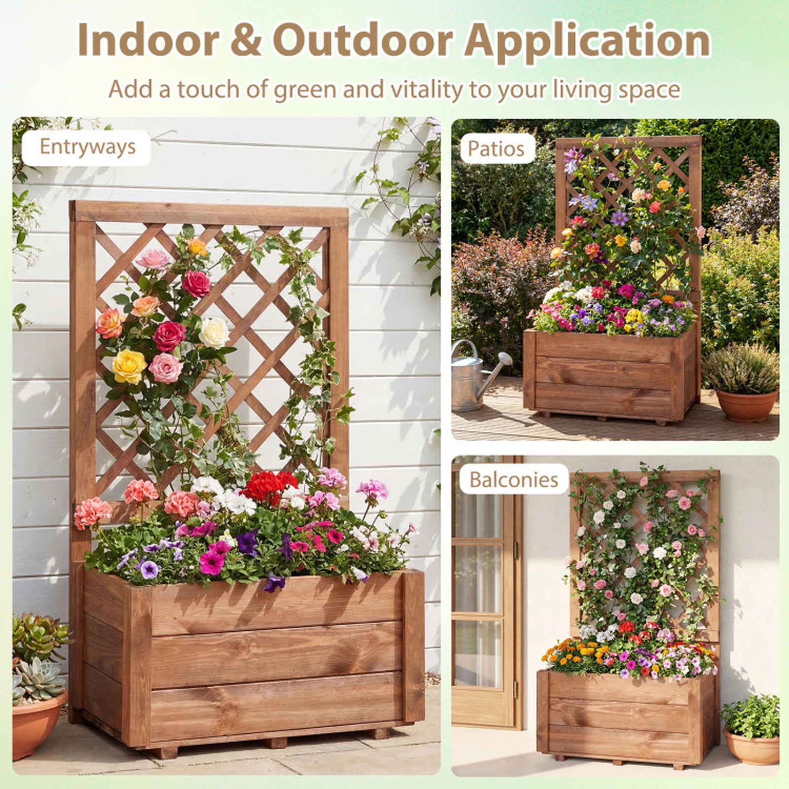 SUGIFT 40-in Tall 11-in Deep Pine Wood Raised Garden Bed with Diamond Lattice Trellis and Drainage Holes
