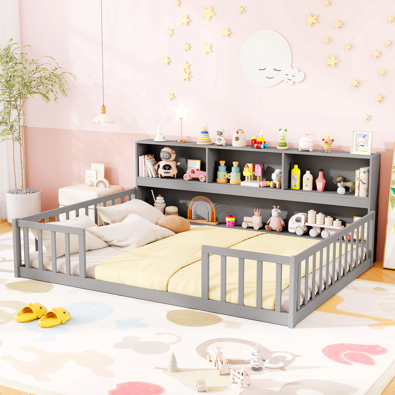 SUGIFT Gray Integrated Bookcase and Full-Length Guardrails Pine Wood Twin Kids Montessori Floor Bed