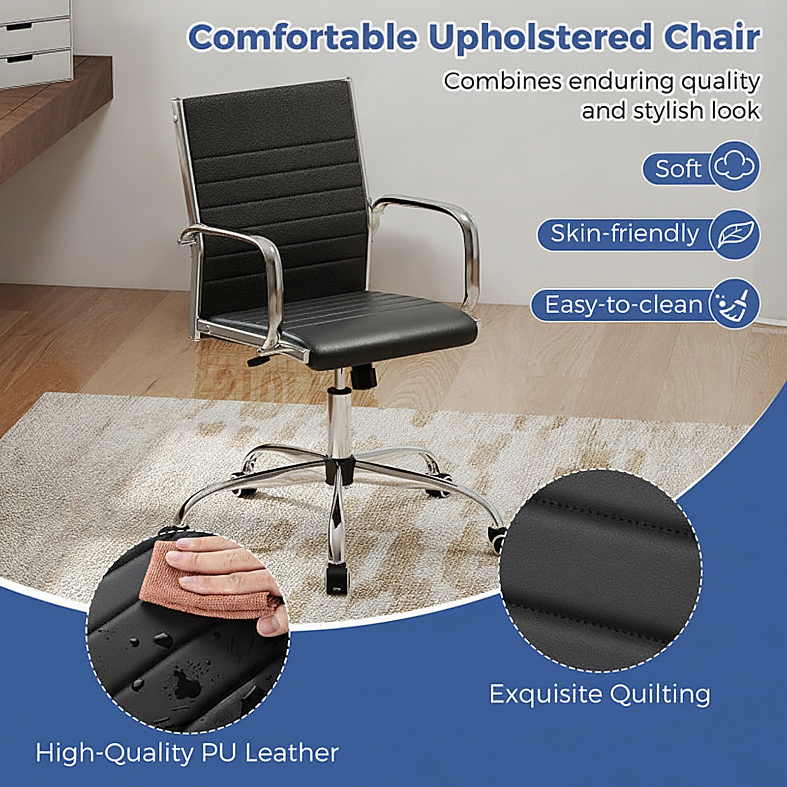 SUGIFT High Back Ribbed S-Shaped Backrest PU Leather Swivel Office Chair 23.5-in x 21.5-in x 35-in 330-lb Black