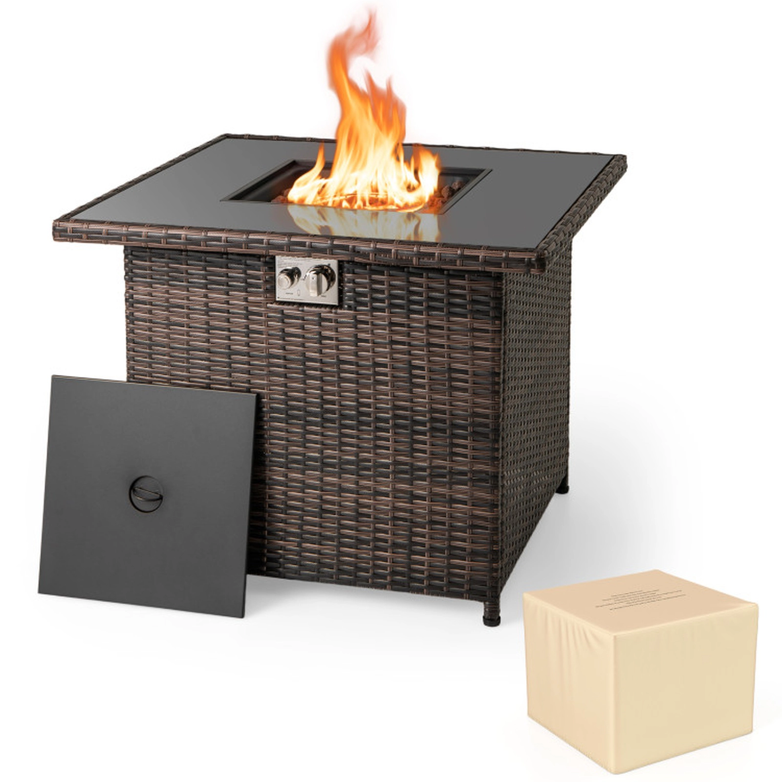 SUGIFT 32.5-Inch Brown PE Rattan Propane Fire Pit Coffee Table, 50,000 BTU
