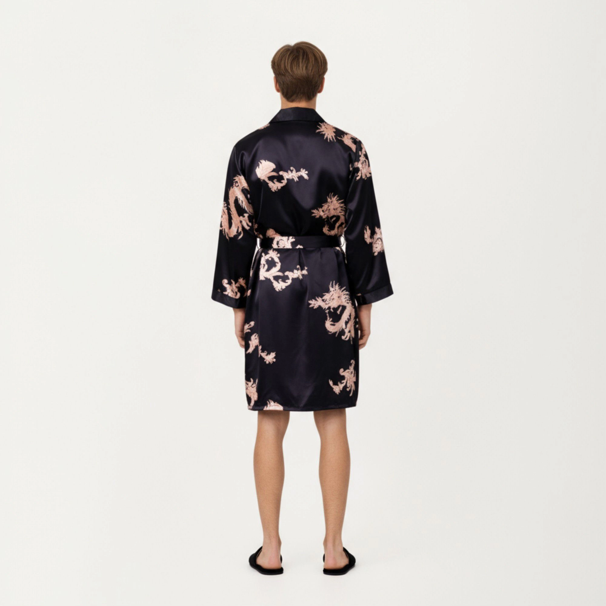 Anna-Kaci Men's Satin Robe with Baroque Print Shawl Collar and Waist Tie