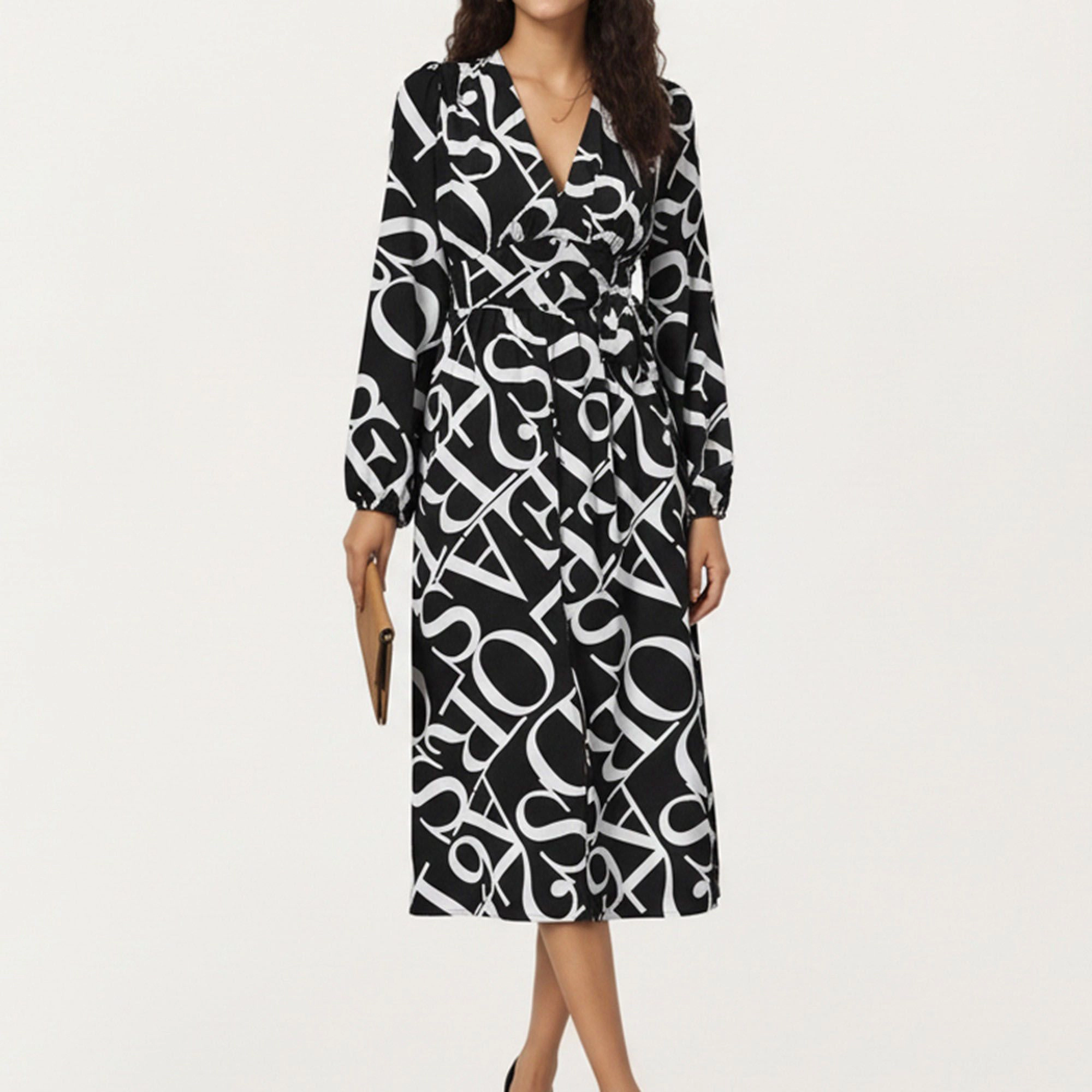 Anna-Kaci Women's Black and White Abstract Logo Print Long Sleeve Belt Asymmetrical Hem Wrap Dress