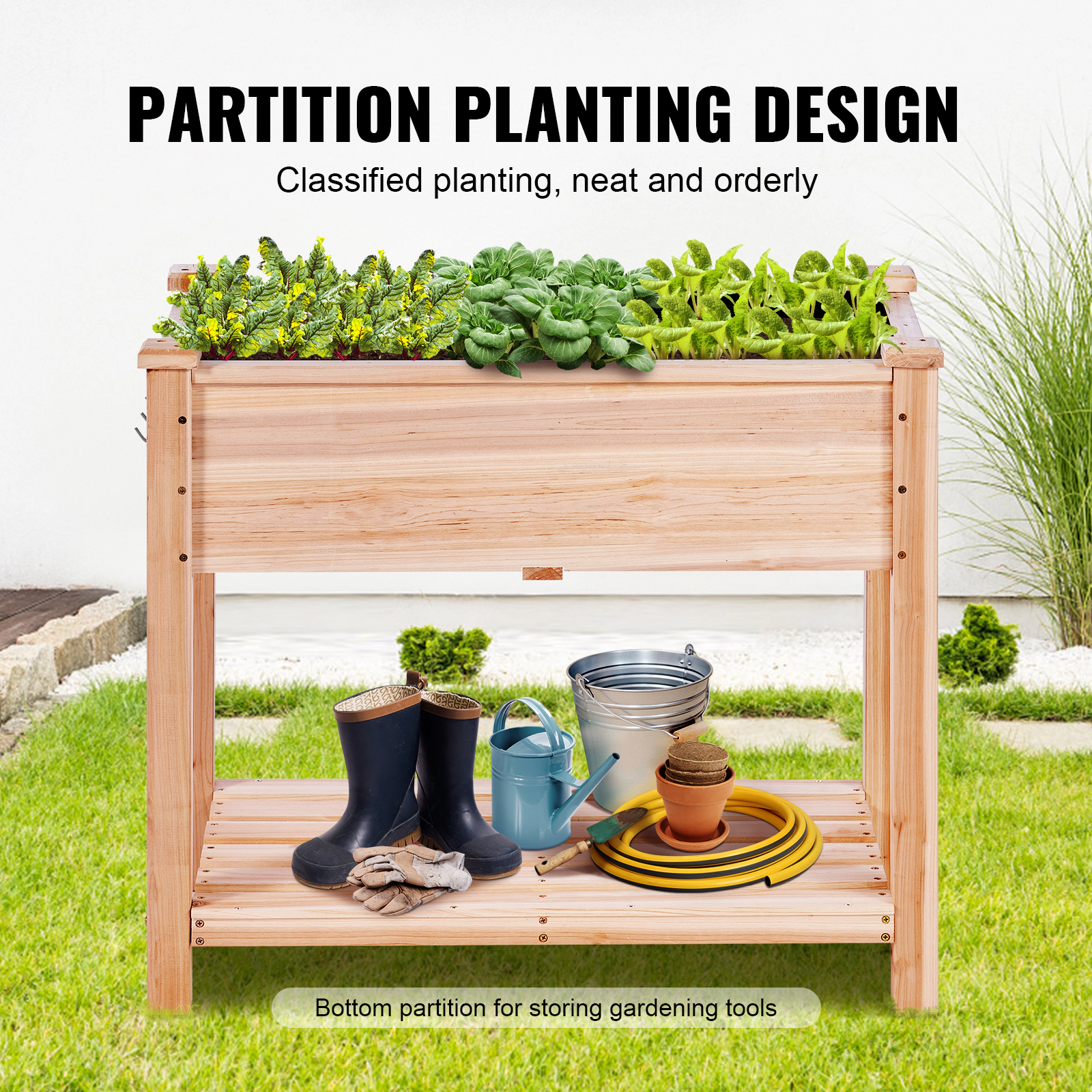 HONGGE 34 x 18 x 30 In Wooden Raised Garden Bed with 2-Tier Storage Shelf, Fir Wood, Holds 165 lbs