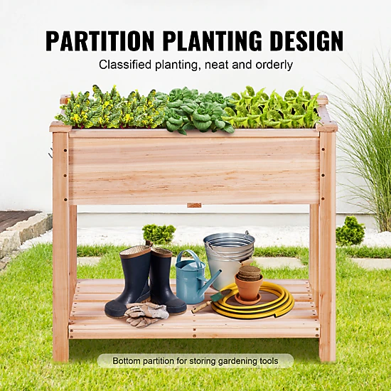 HONGGE 34 x 18 x 30 In Wooden Raised Garden Bed with 2-Tier Storage Shelf, Fir Wood, Holds 165 lbs
