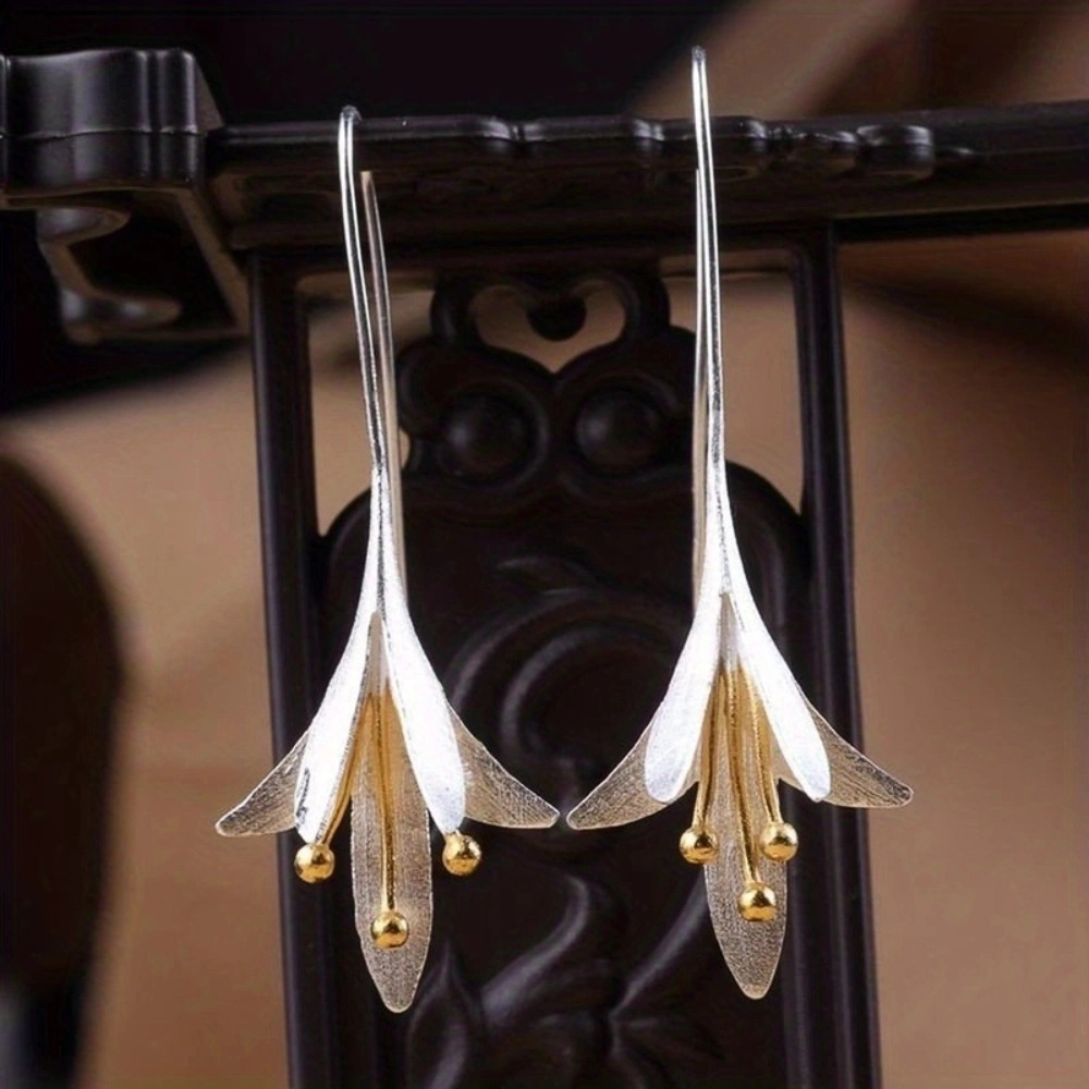 Dual-Tone Gold Silver Lily Flower Hook Earrings for Women