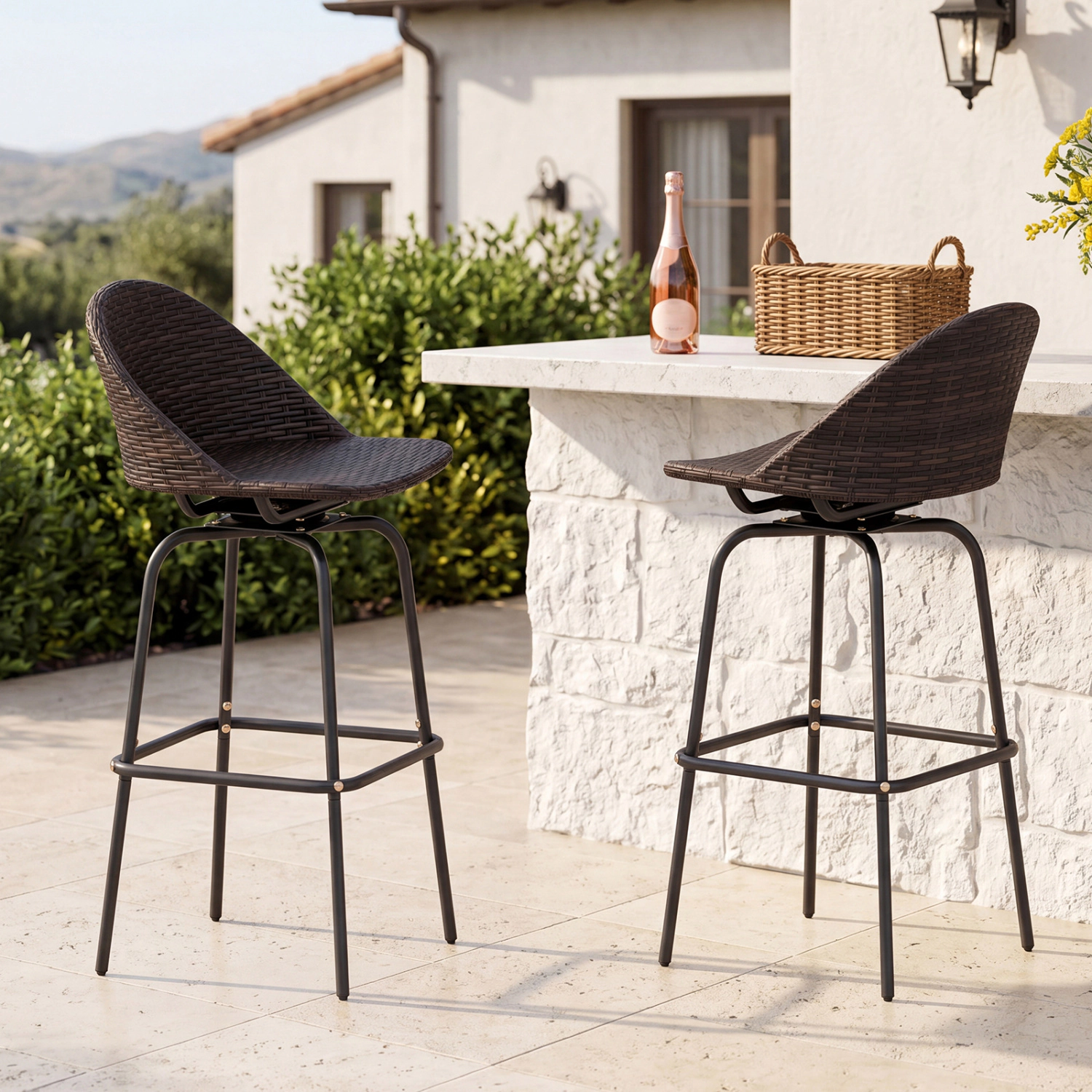 LJG Set of 2 Patio Swivel Bar Stools with Rattan Seat 400 LBS for Garden