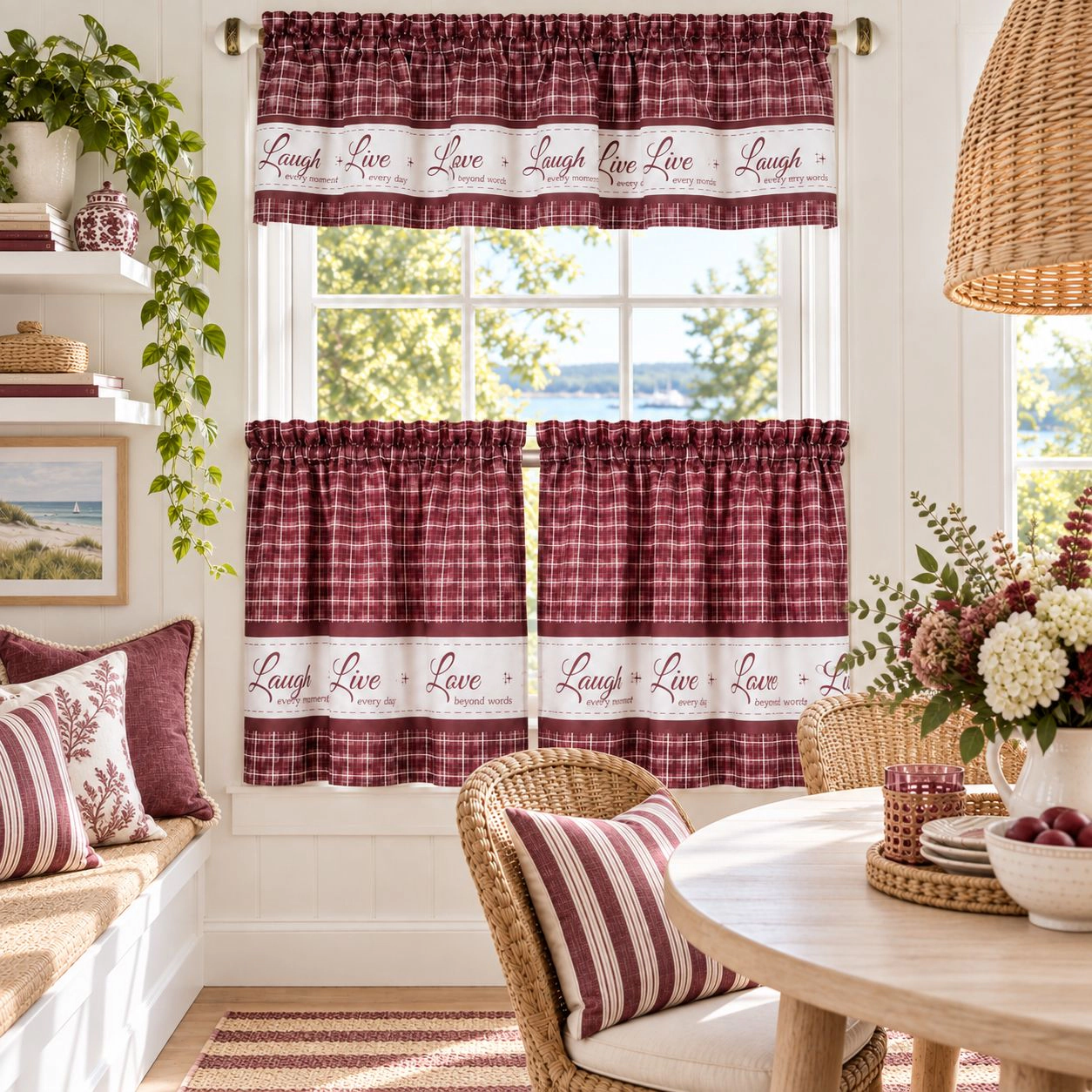 Kate Aurora Country Farmhouse Gingham Plaid Check Live~Laugh~Love 3 Pc Kitchen Curtain Set