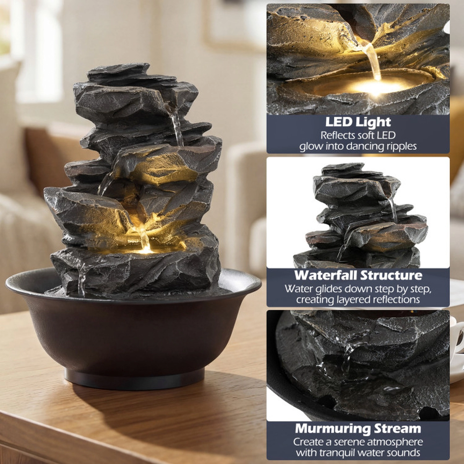 SUGIFT 8.5-in Black Multi-Tier Tabletop Water Fountain with LED Light and Silent Adjustable Pump