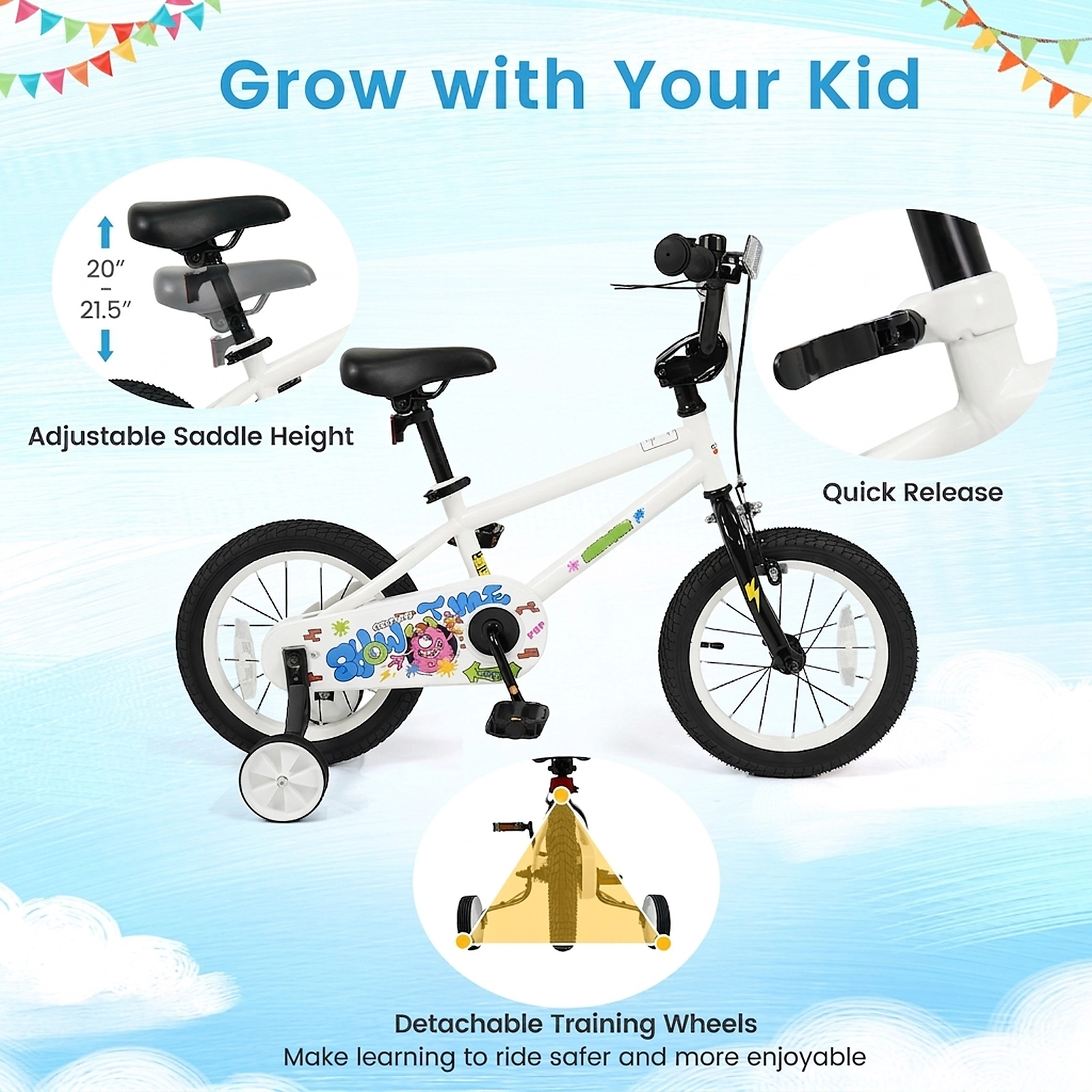 SUGIFT White Training Wheels Graphic Number Plate and Coaster Brake Kids 14 Inch Bike