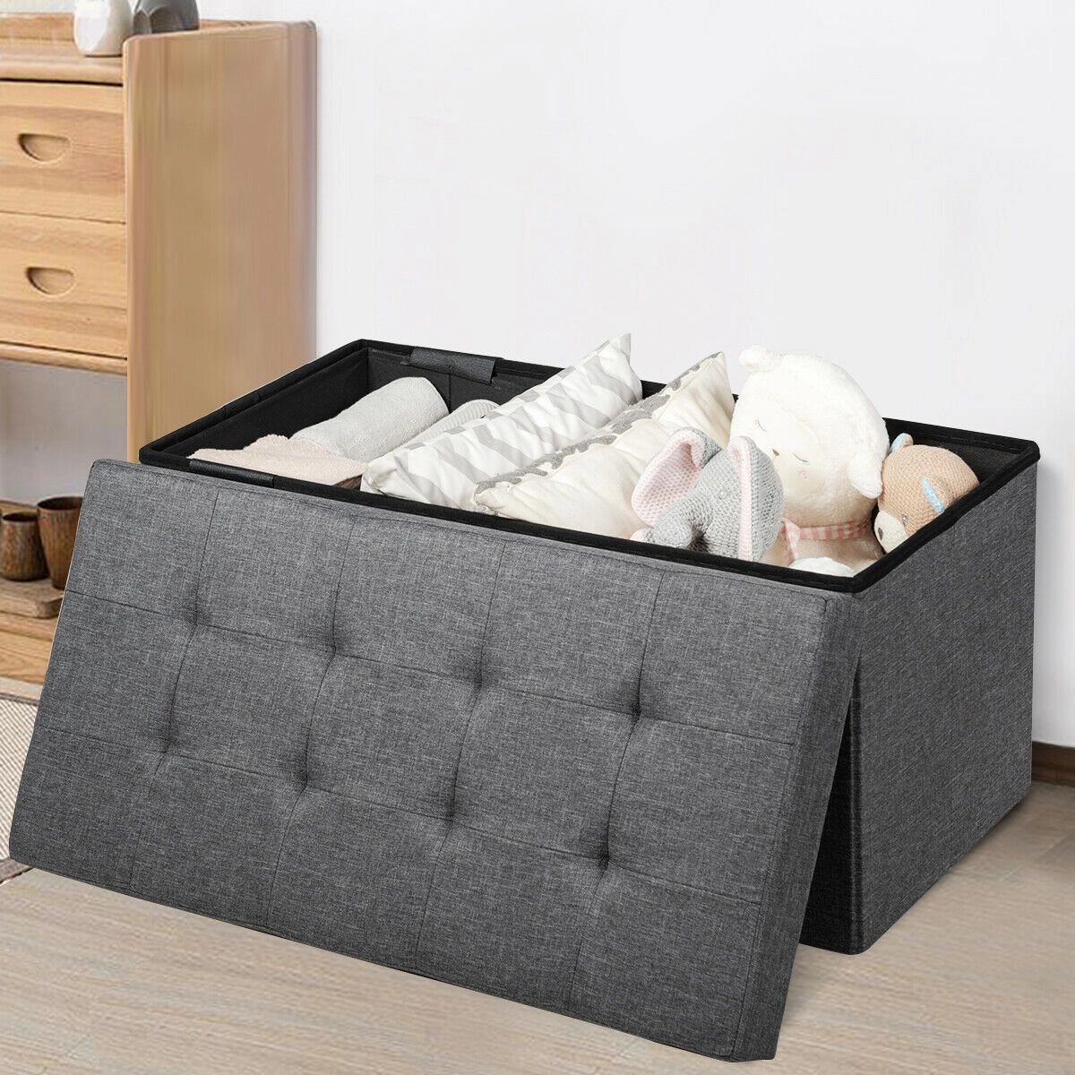 SlickBlue Storage Ottoman Bench with Foldable Design and Removable Bin