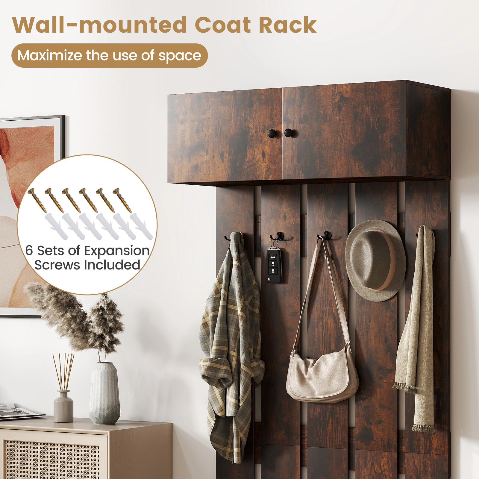 SUGIFT Entryway Wall Mounted Coat Rack with Upper Cabinet and 5 Metal Hooks