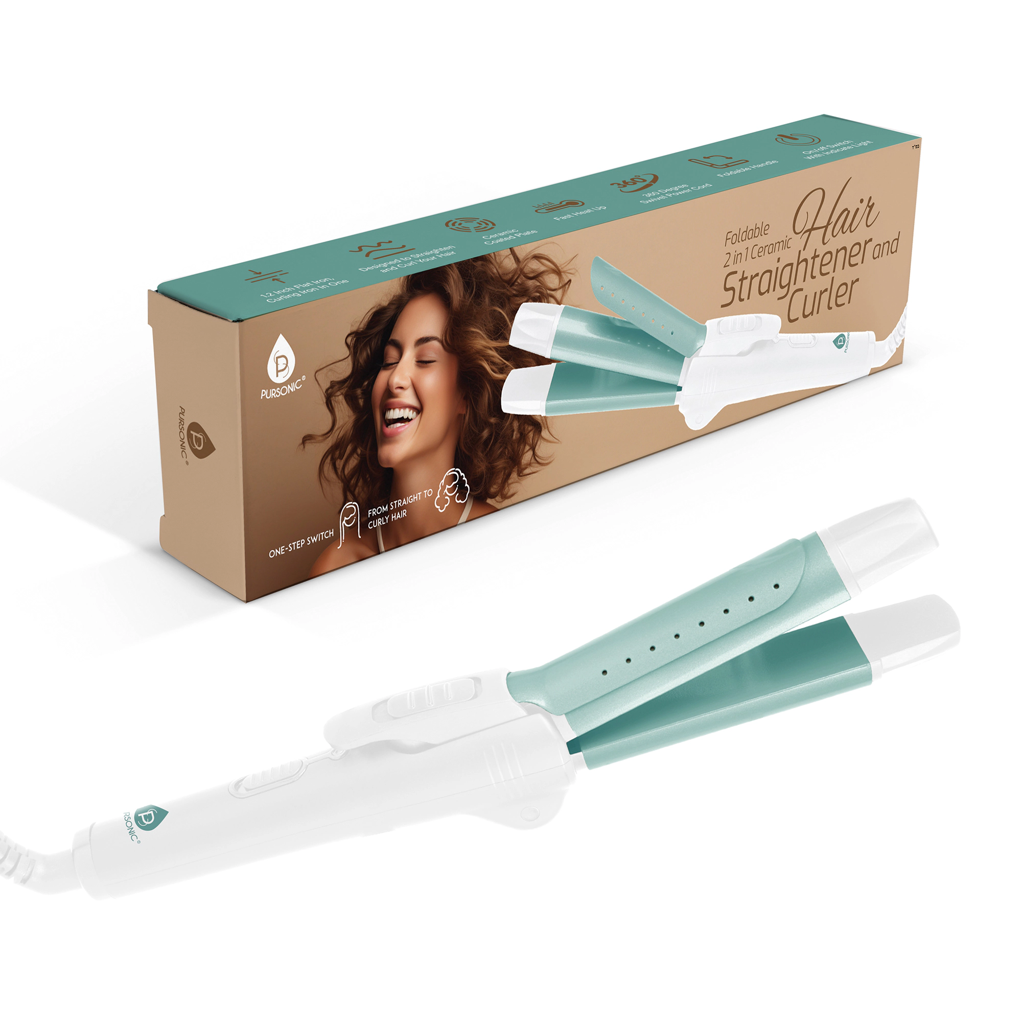 Pursonic Women's 2-in-1 Ceramic Travel Hair Straightener & Curler Styling Tool
