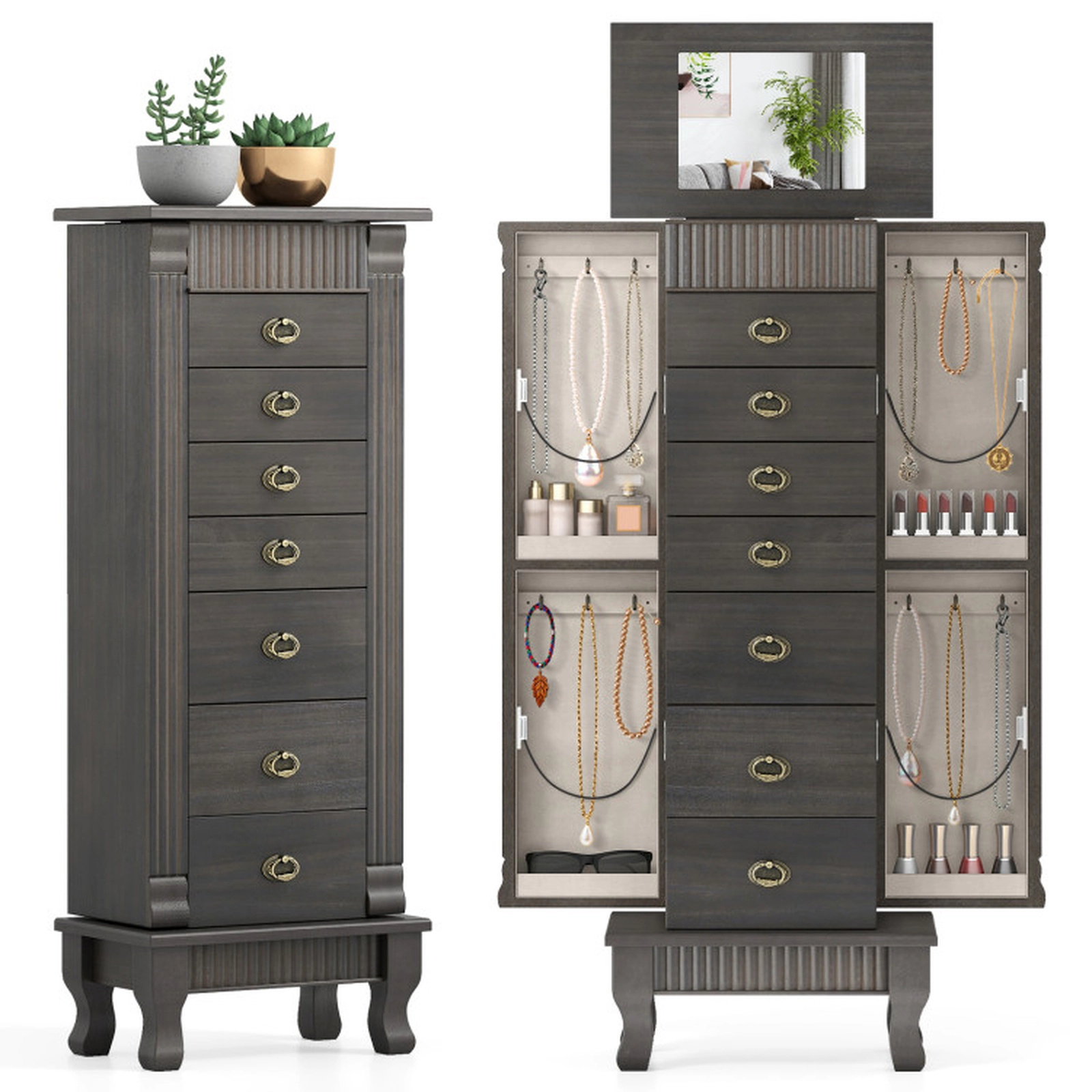 SUGIFT Gray Freestanding Jewelry Armoire with 7 Drawers, 2 Swing Doors and Mirror
