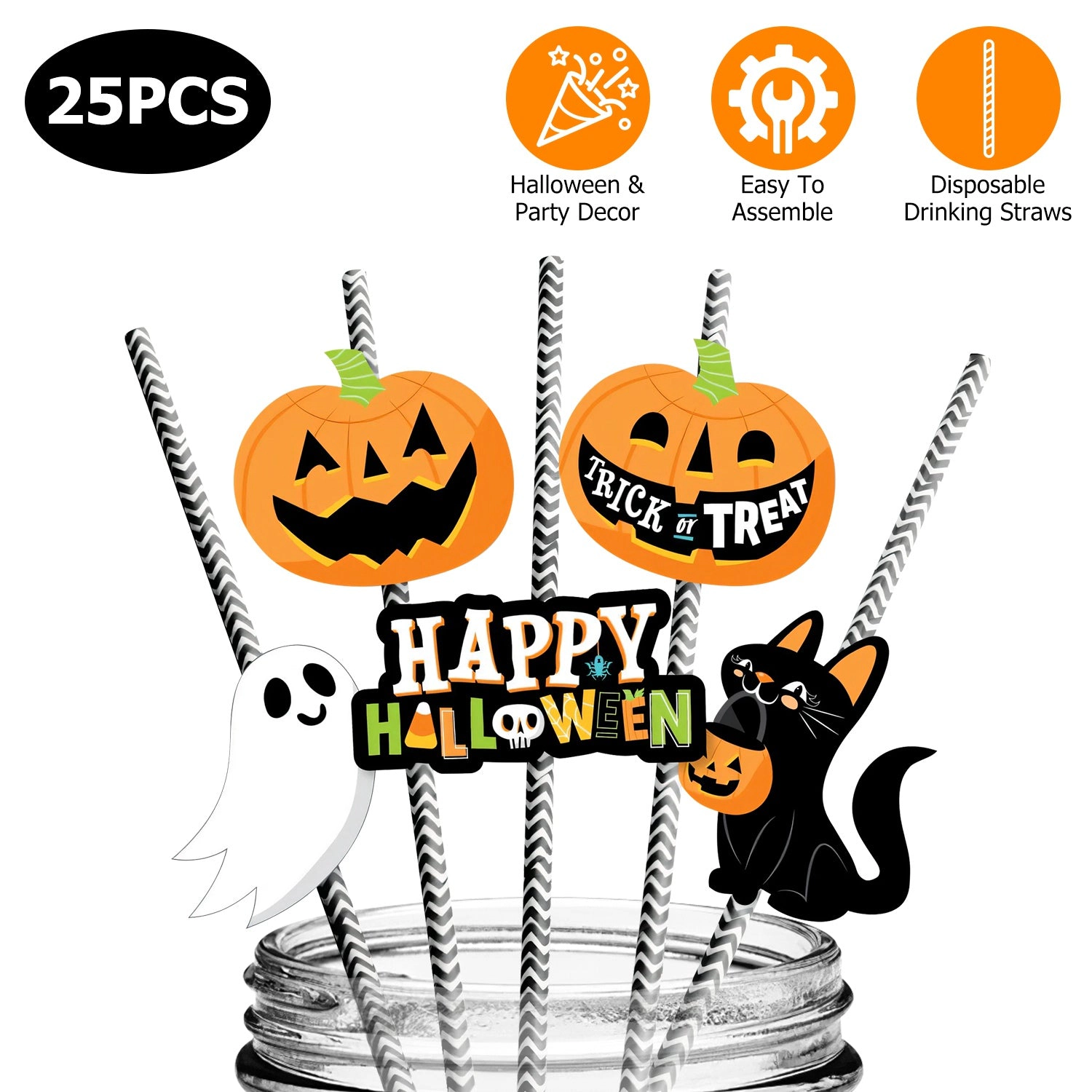 GBruno 24-Piece Halloween Paper Straws With Decor Cards