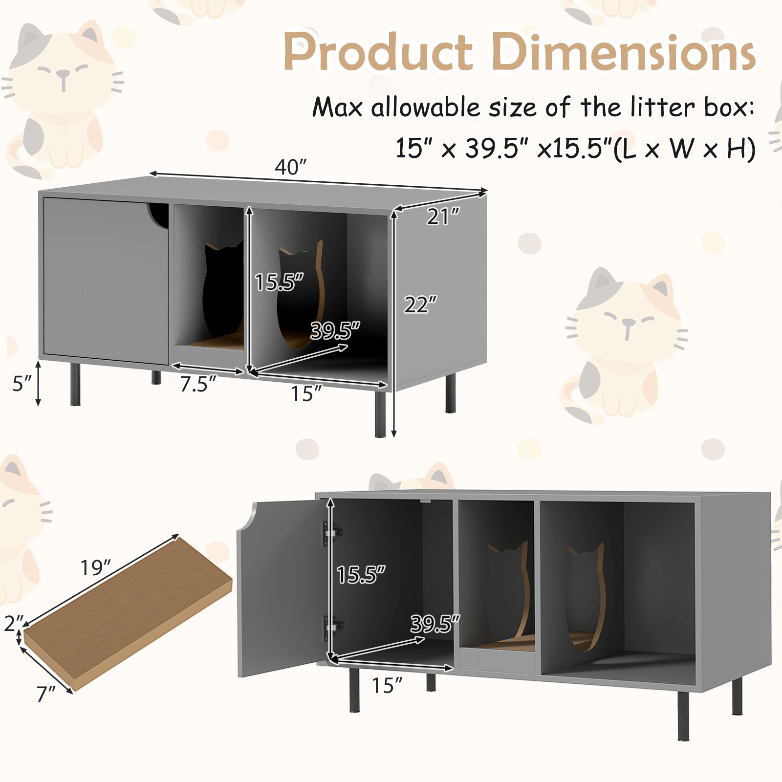 SUGIFT 40-in Cat Litter Box Enclosure Hidden Cat Washroom with Scratching Board for 2 Cats Black/White