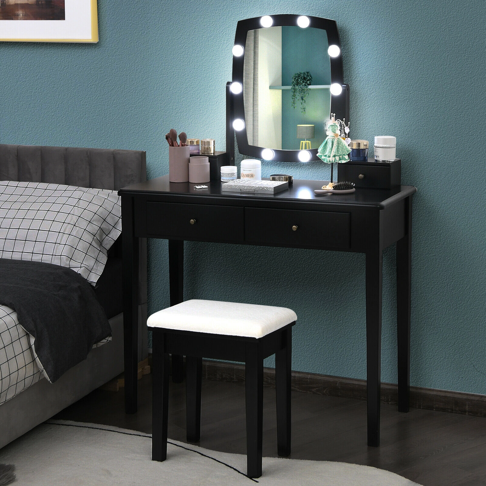 SUGIFT 4-Drawer Vanity Table Set with 360-Degree Lighted Mirror and Stool 110-lb Table 200-lb Stool Capacity Black