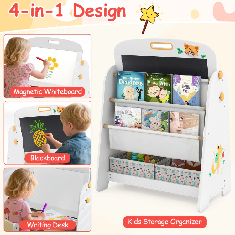 Hivvago 4-In-1 Kids Table And Chair Set Art Easel With Magnetic Whiteboard And Bookshelf