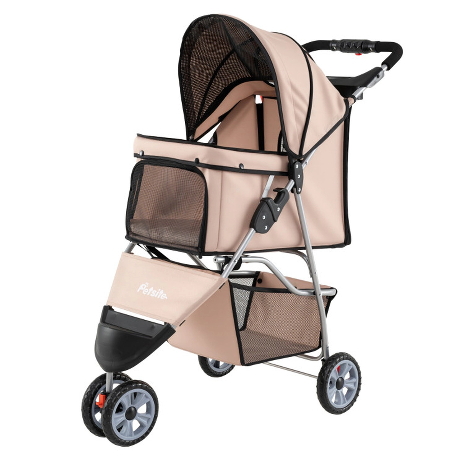 SUGIFT 3-Wheel Folding Pet Stroller for Small Dogs and Cats 33-lb Capacity Black/Beige