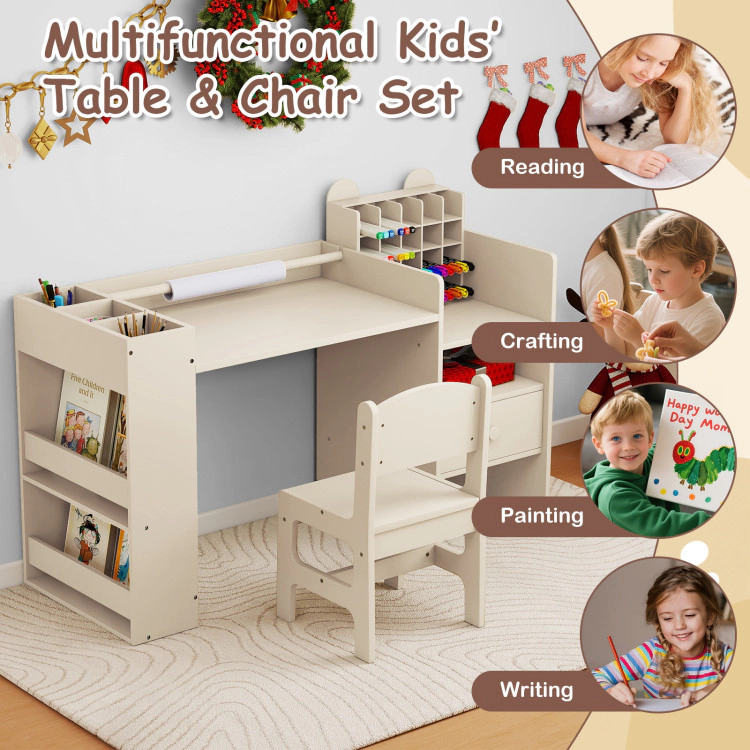 Hivvago Kids Art Table And Chair Set With Detachable Paper Roll Holder Cabinet