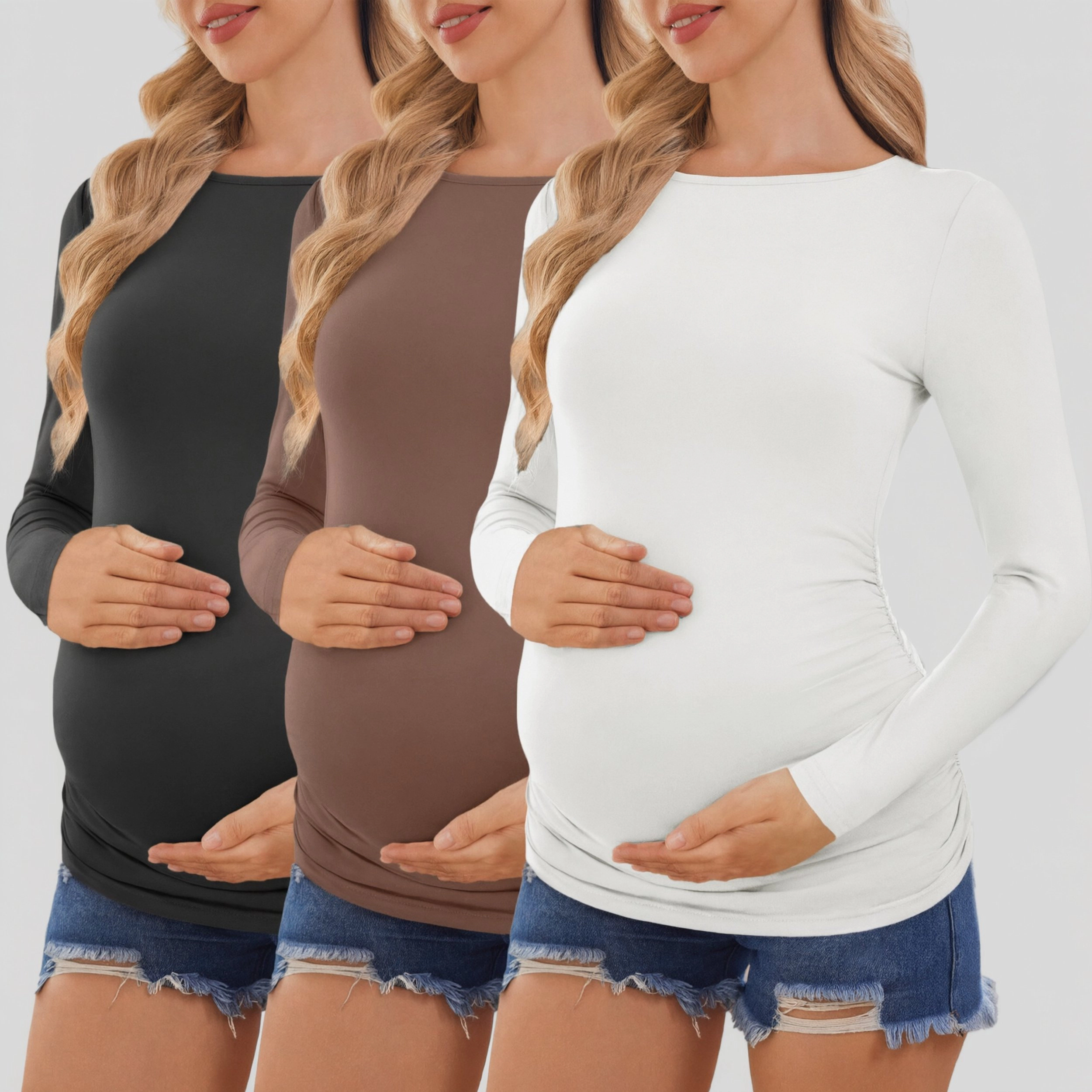 Ekouaer Women's Maternity Long Sleeve Boat Neck Ruched T-Shirt