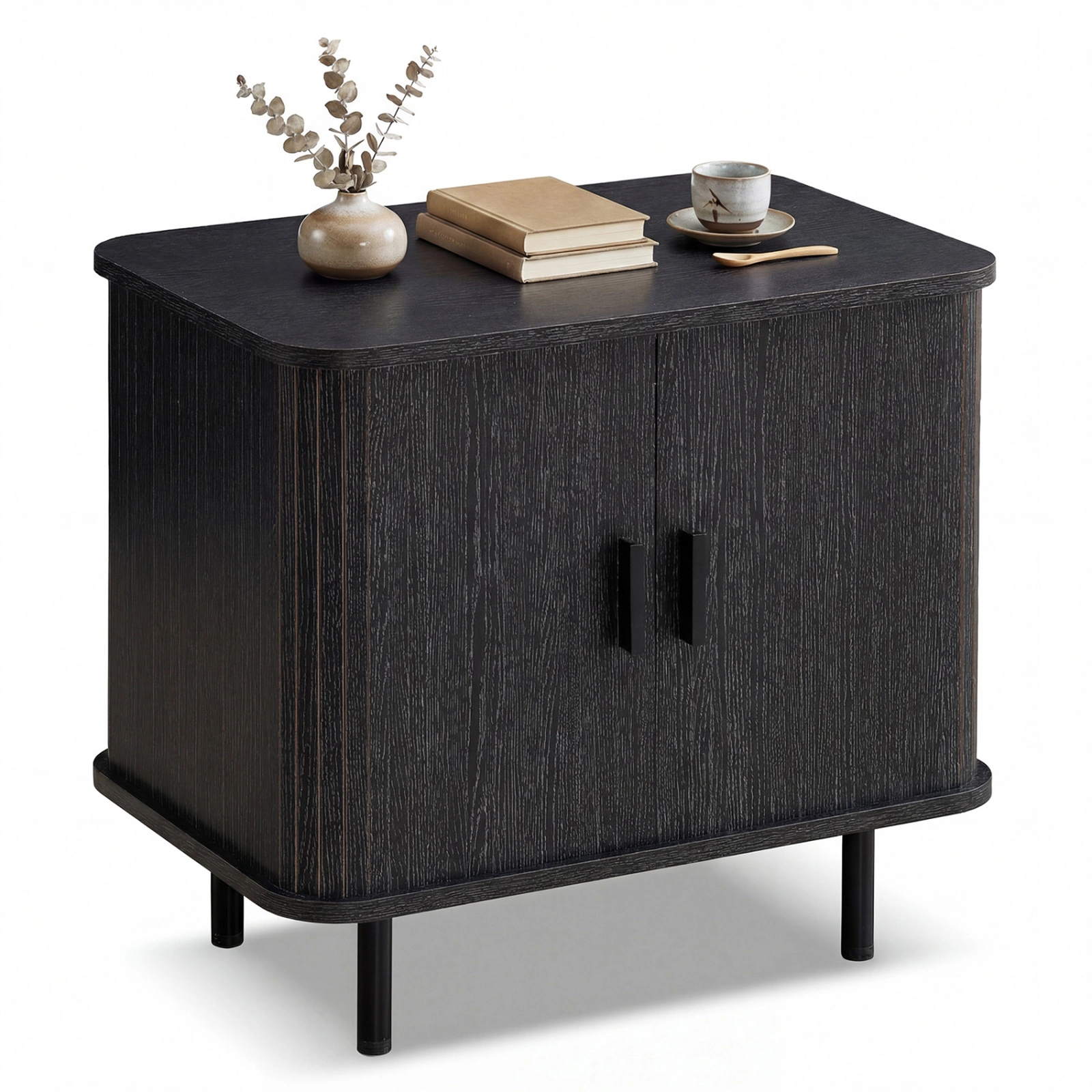 SUGIFT Modern Mid Century Nightstand End Table with Sliding Tambour Doors and Storage Shelf 88-lb Tabletop Capacity