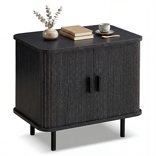 SUGIFT Modern Mid Century Nightstand End Table with Sliding Tambour Doors and Storage Shelf 88-lb Tabletop Capacity