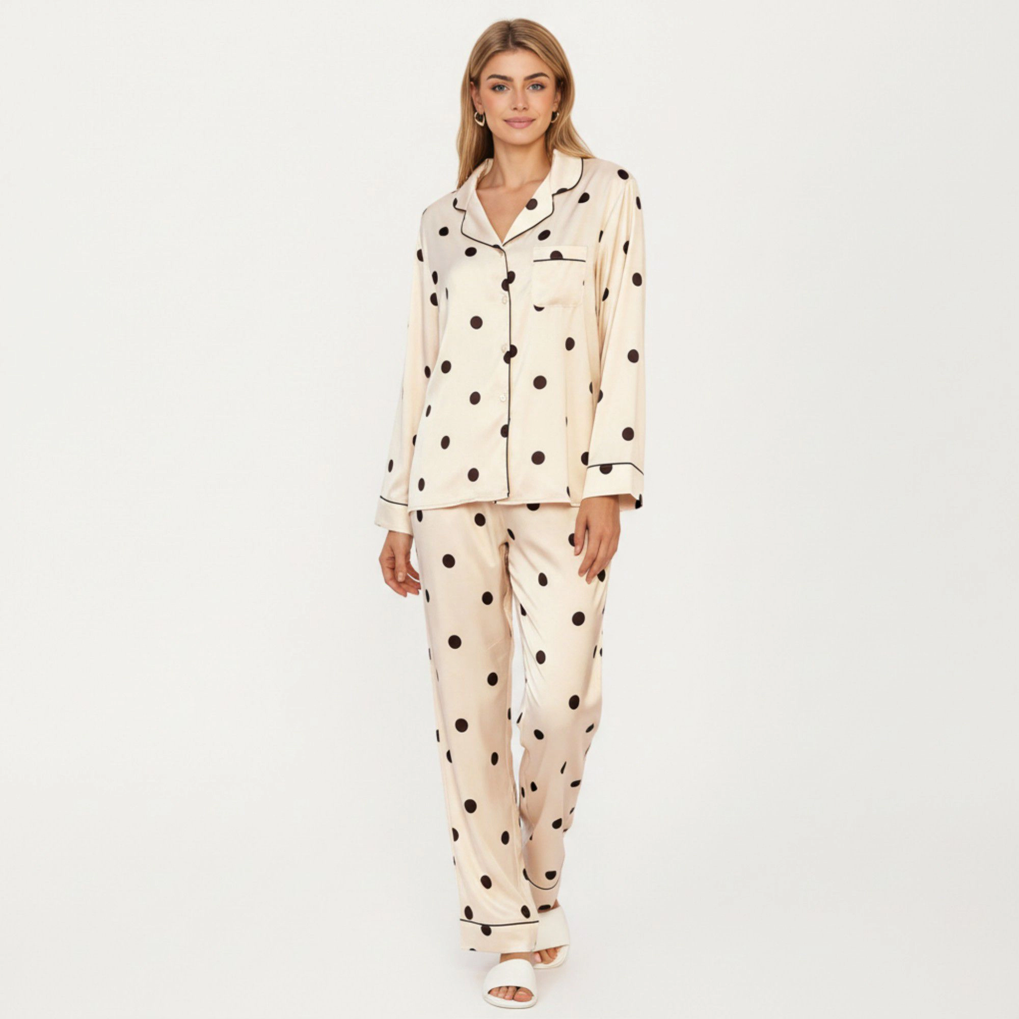 Anna-Kaci Women's 2-Piece Satin Polka Dot Pajama Top with Contrast Piping and Matching Straight Leg Pants